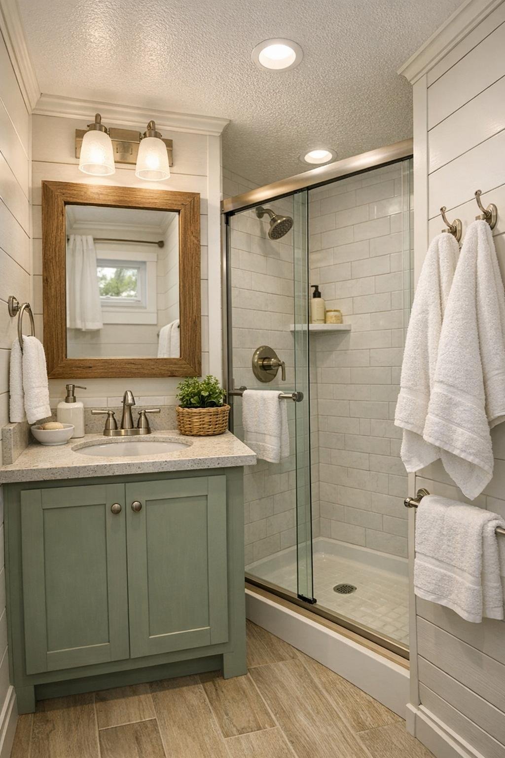 Bright compact bathroom with a small vanity, light tile, and cottage finishes in a park model RV