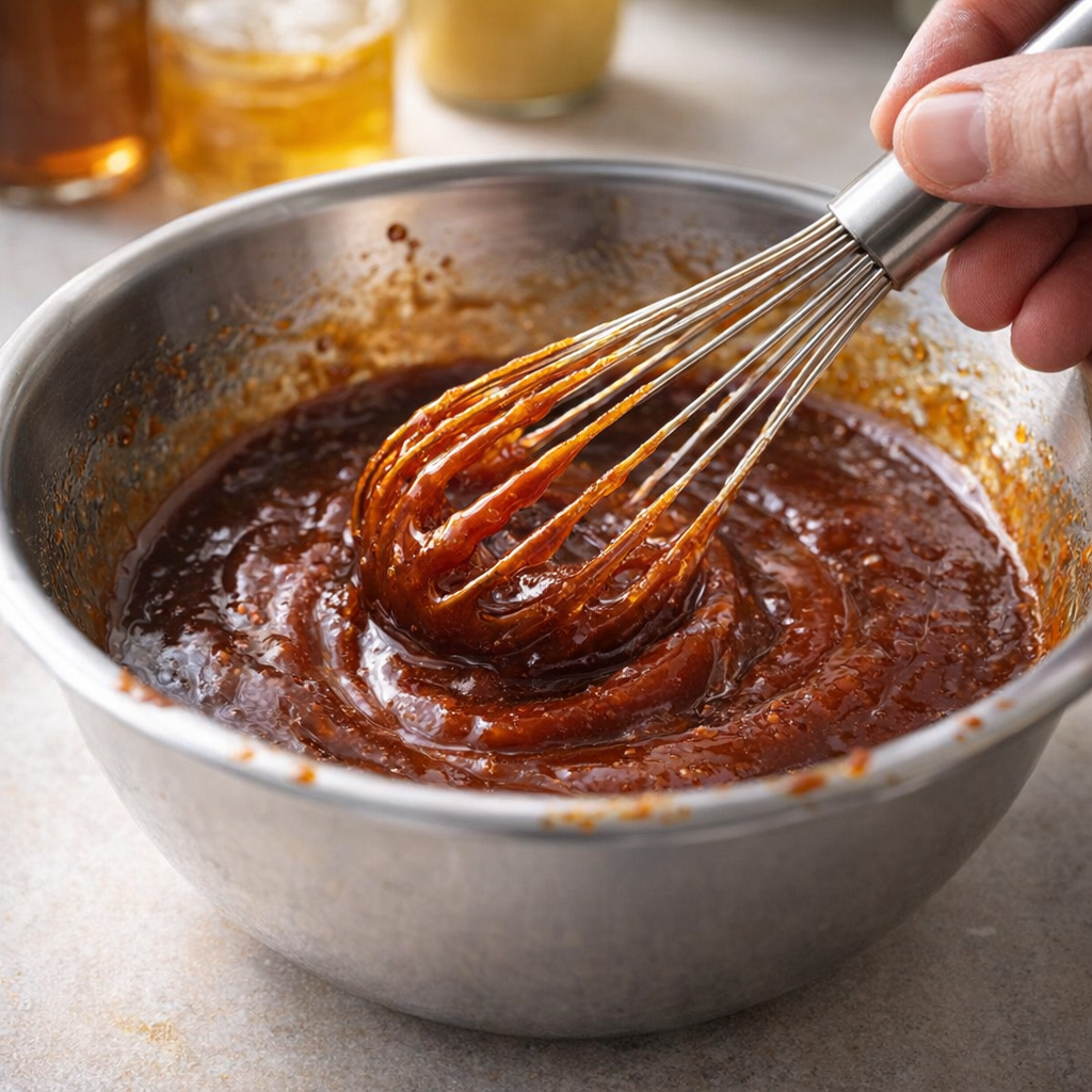 Whisking barbecue sauce mixture in a bowl