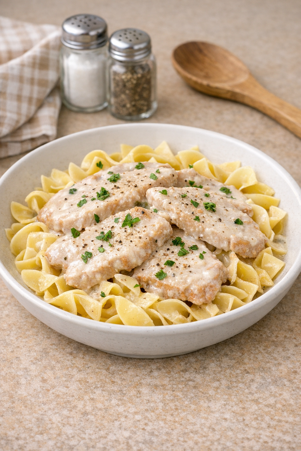 Creamy turkey pasta plated in a shallow bowl