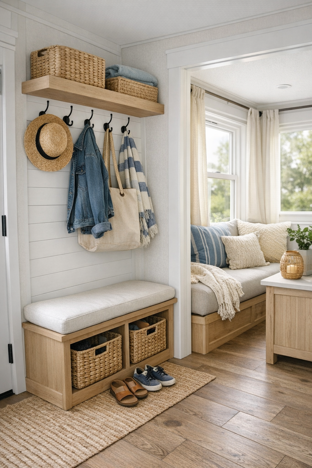 Thoughtful small-space interior with an entry bench, hooks, baskets, and a cozy window nook