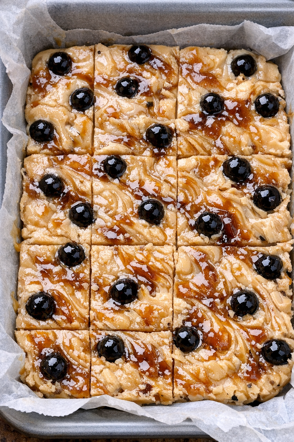 Finished brown sugar boba fudge in a parchment-lined pan