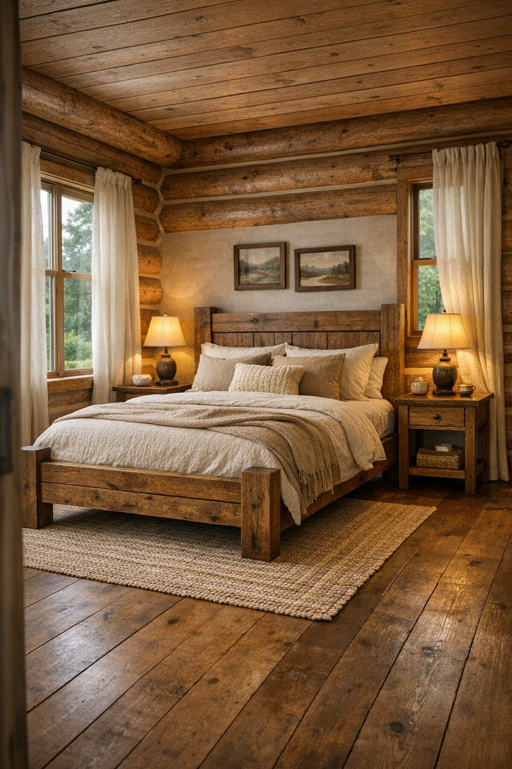 Peaceful log home bedroom with handmade wood bed, soft linens, and warm neutral tones