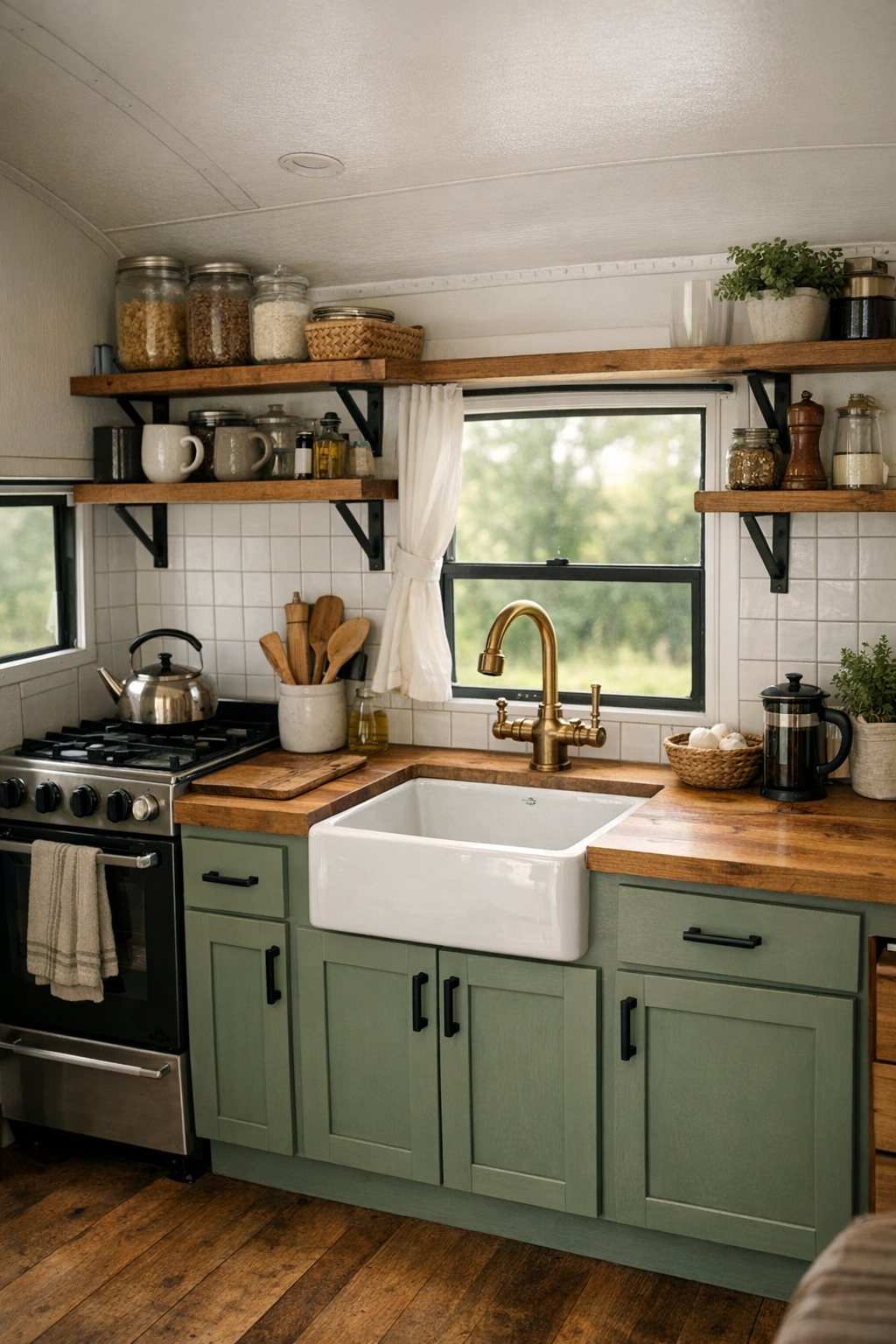 Compact converted bus kitchen with sage cabinets, butcher block counters, and white tile