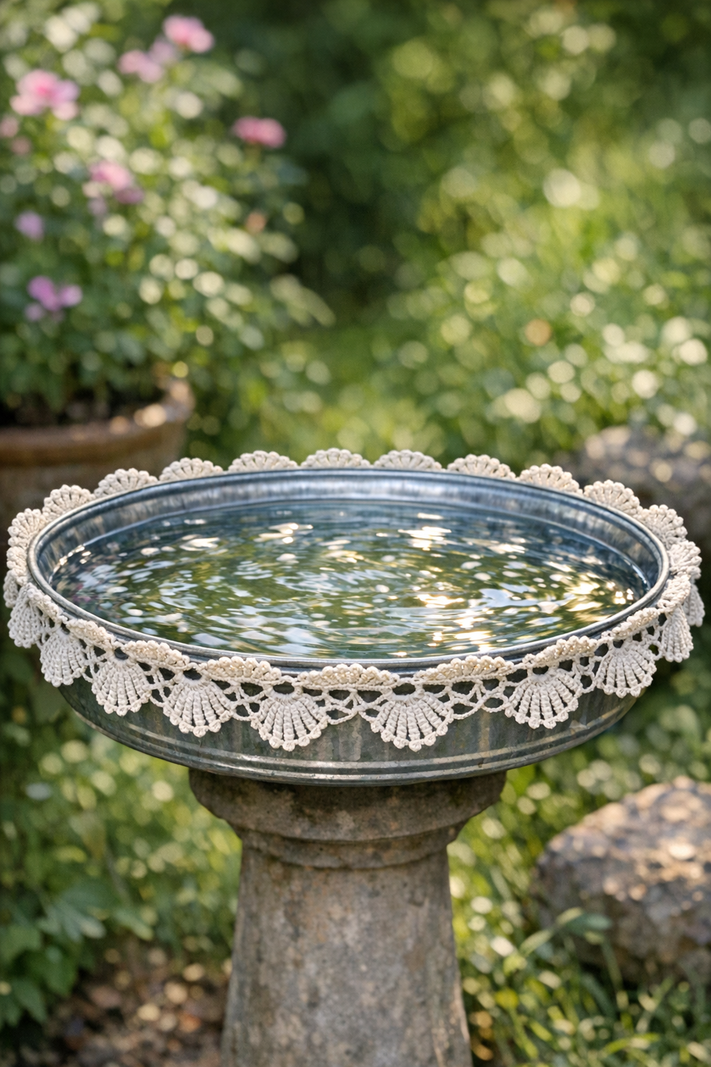 Finished crochet-trimmed bird bath made from an upside-down metal trash can lid