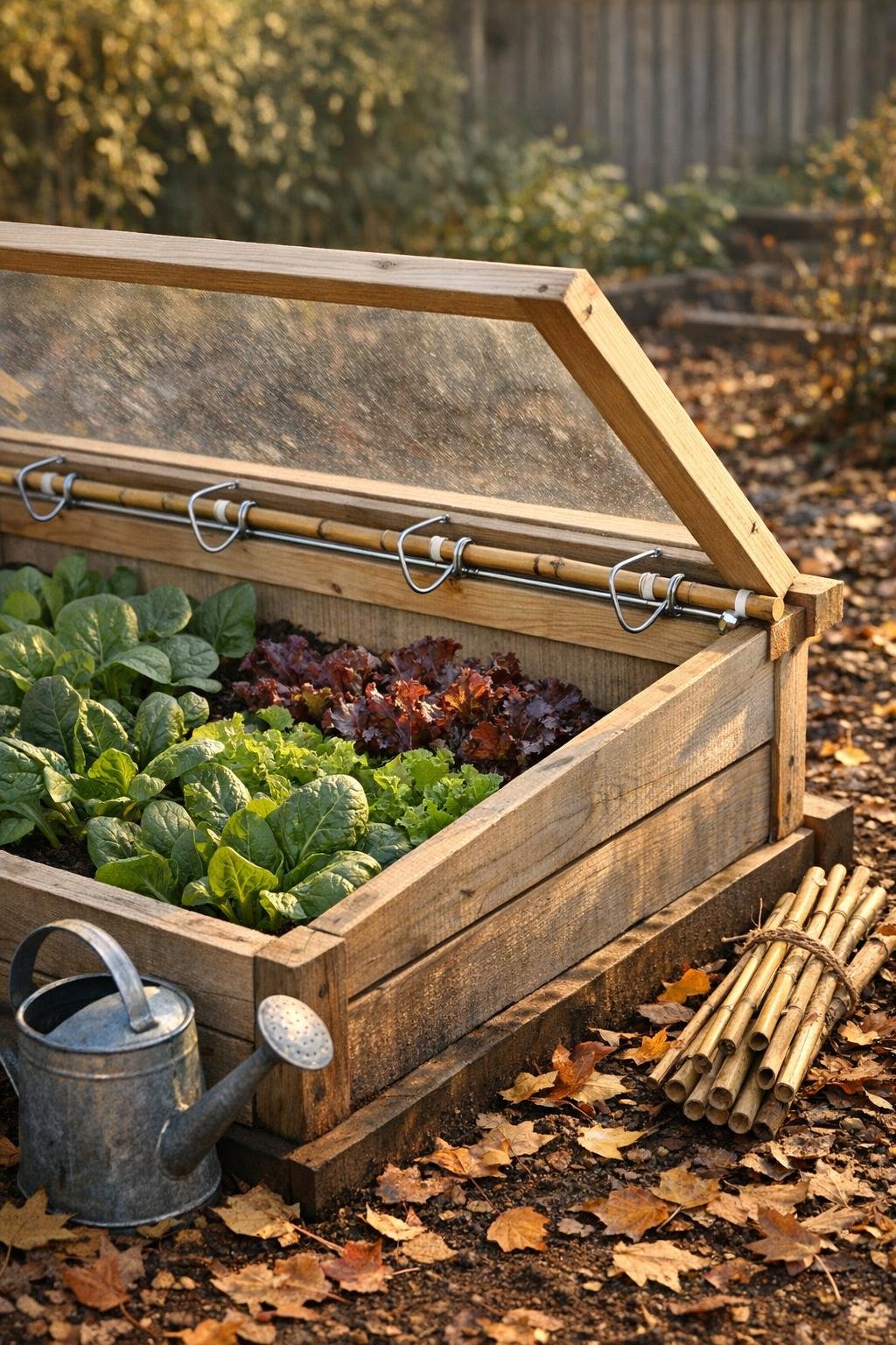 Finished cold frame with wire coat hanger hinge system in a fall garden bed
