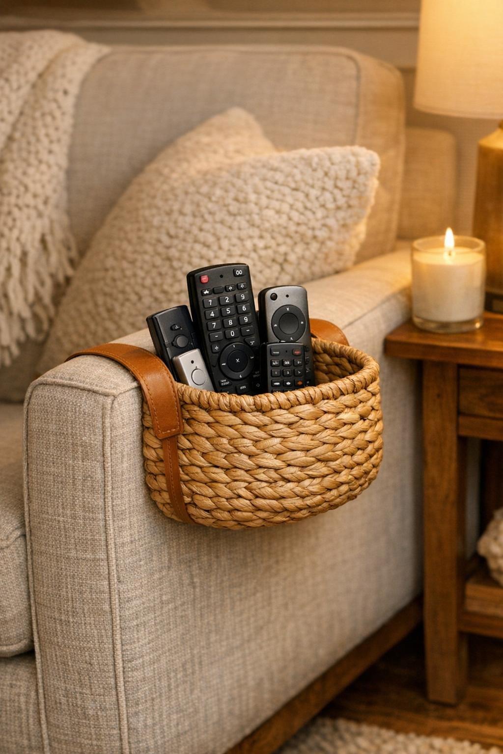 Finished woven basket remote caddy hanging from a sofa arm