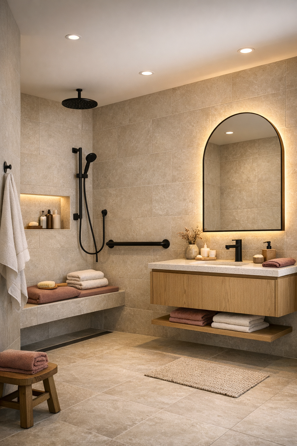 Spa-like accessible bathroom with a curbless shower, pale limestone-look tile, oak vanity, and matte black fixtures