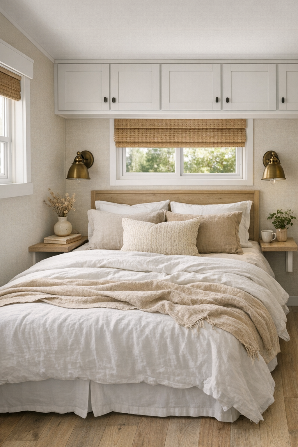 Serene farmhouse bedroom with layered neutral bedding and built-in storage