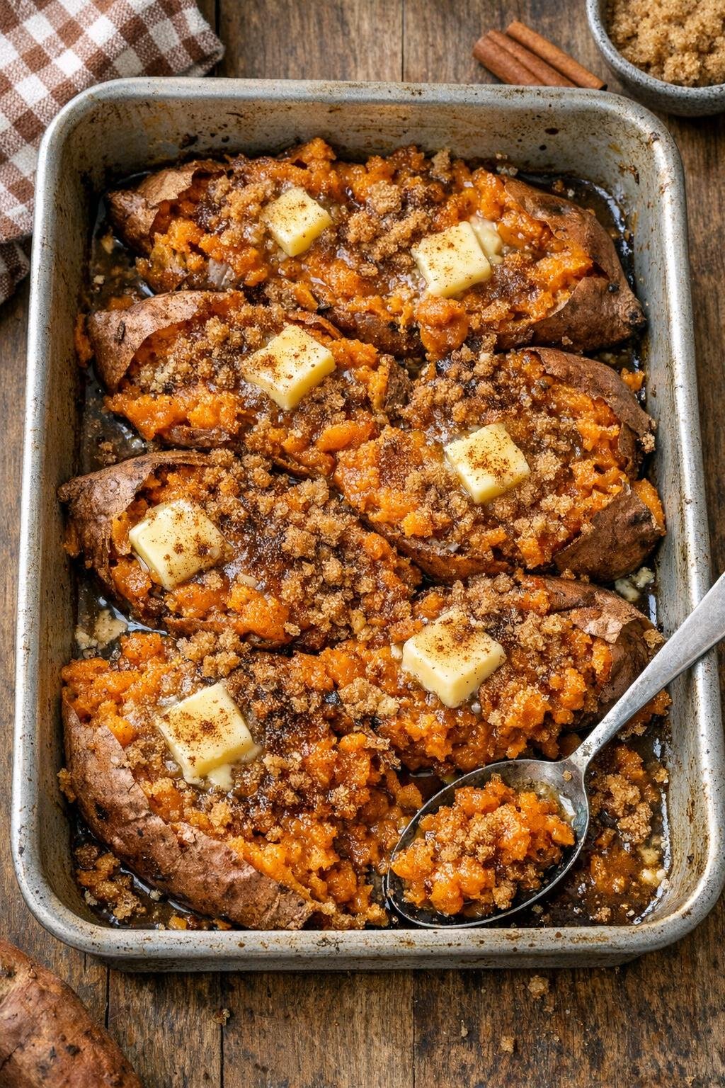 Finished baked sweet potato dessert in a roasting pan