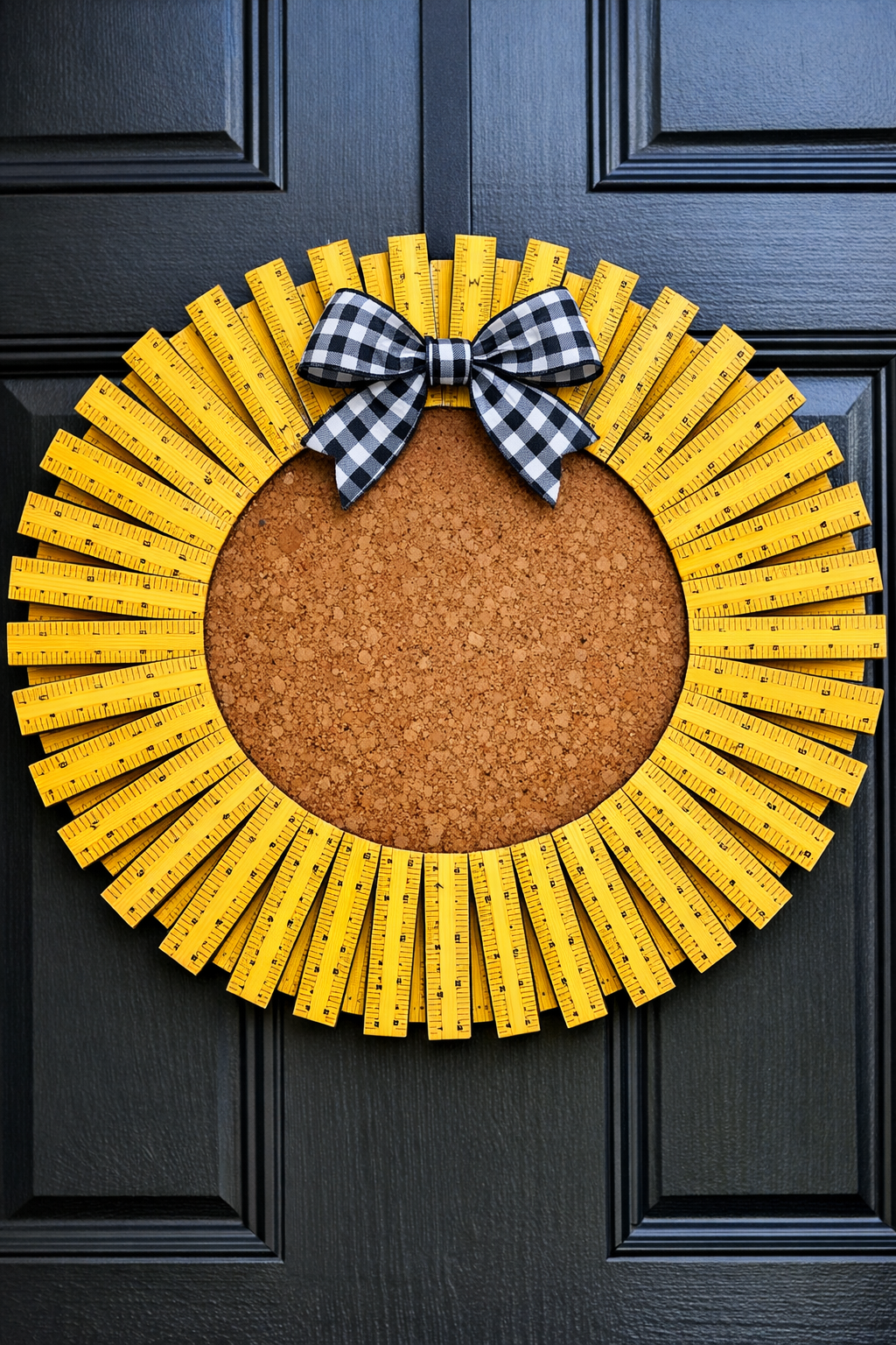 Finished giant ruler wreath made from yellow school rulers on a cork board