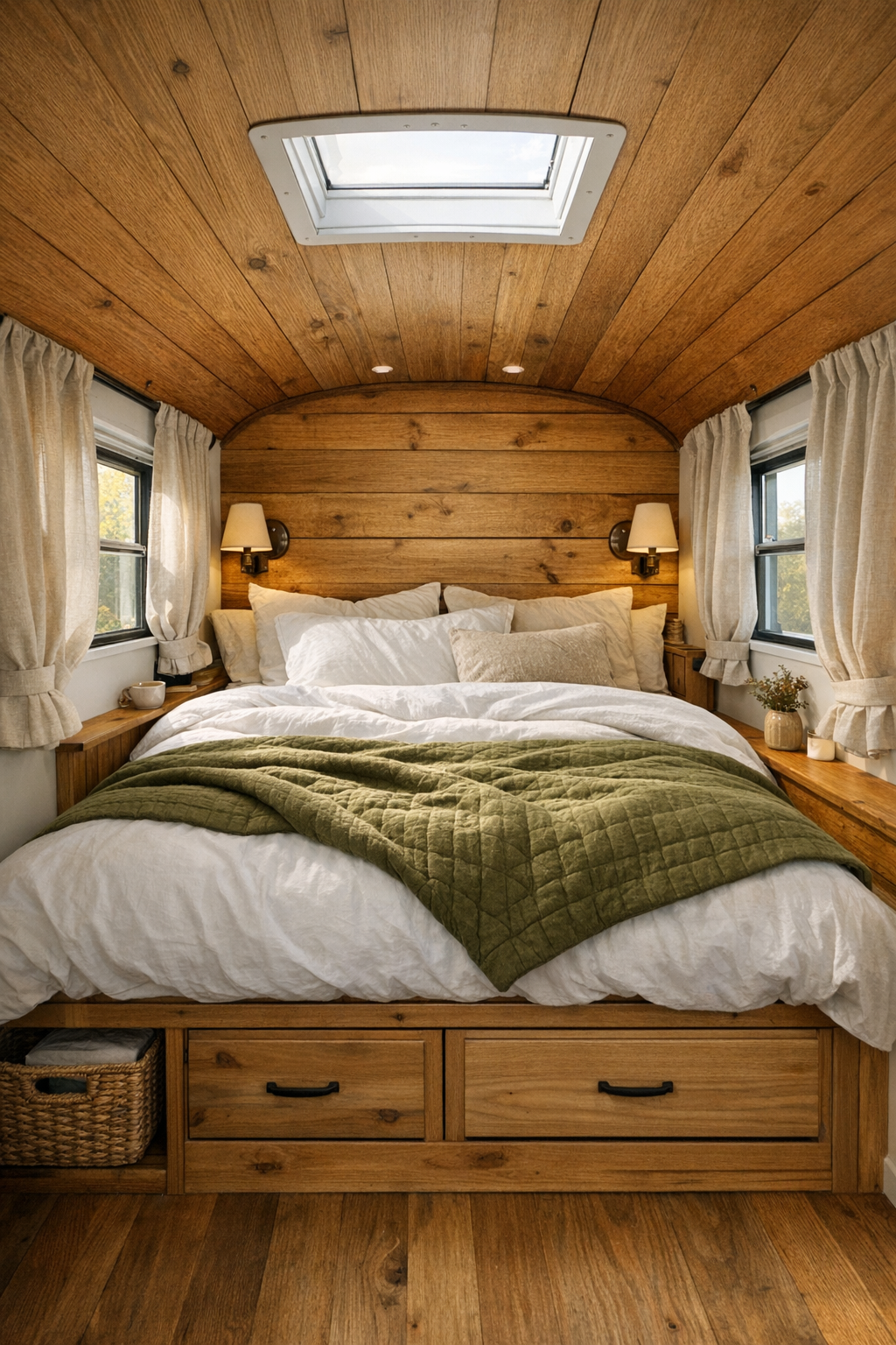 Cozy converted bus bedroom with built-in bed platform and soft linen bedding