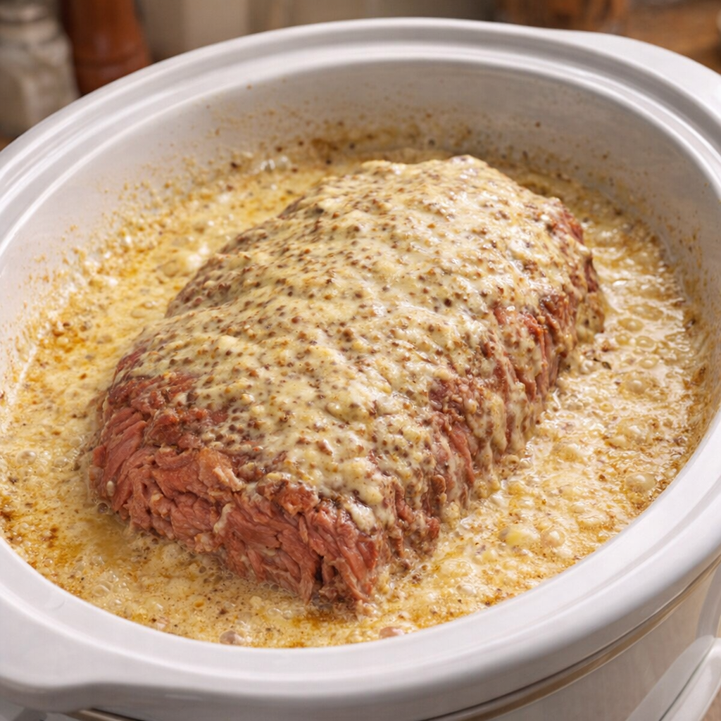 Cooked corned beef resting in thick mustard sauce
