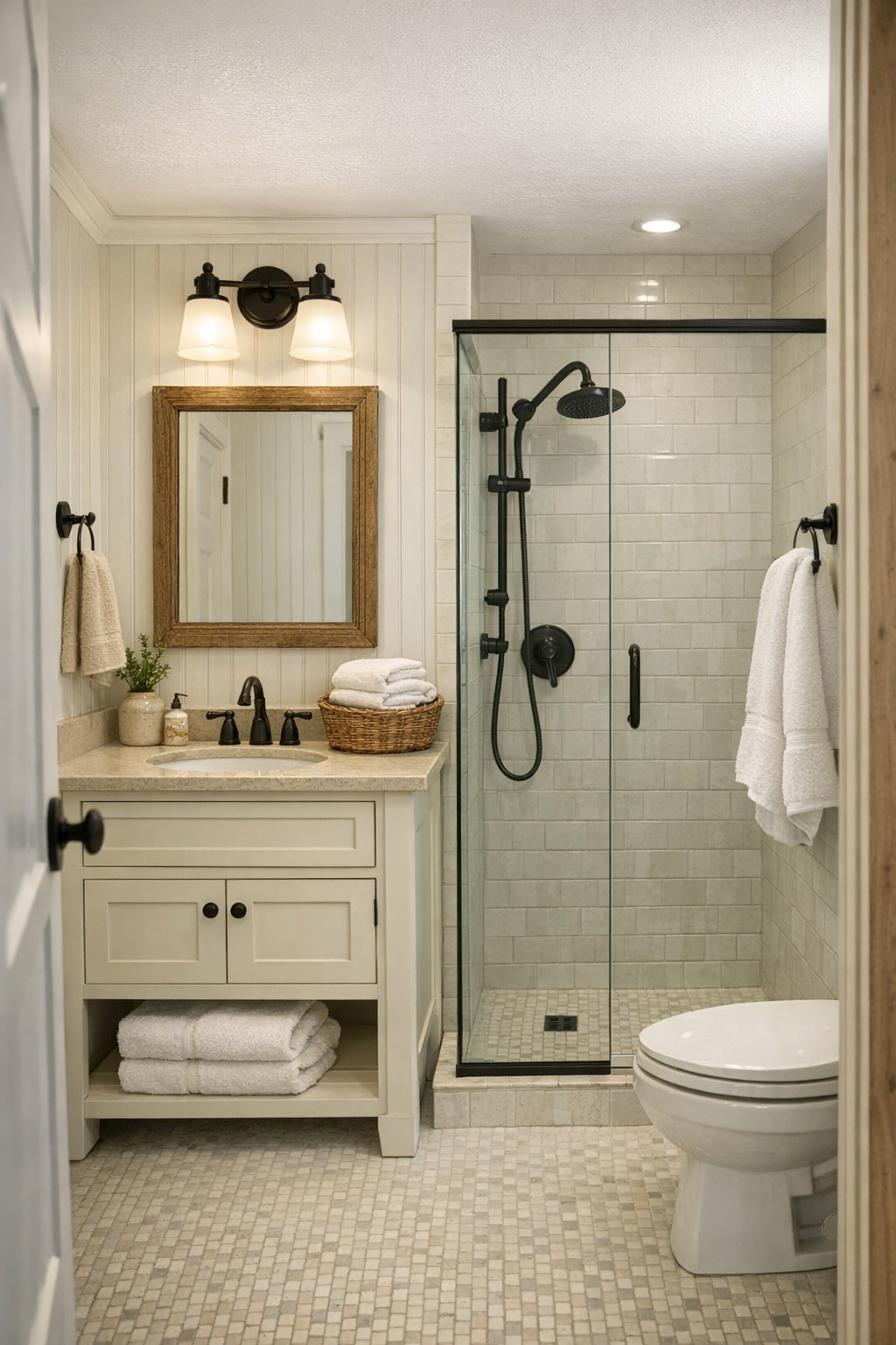 Charming tiny farmhouse bathroom with cream vanity, beadboard walls, and a bright glass shower