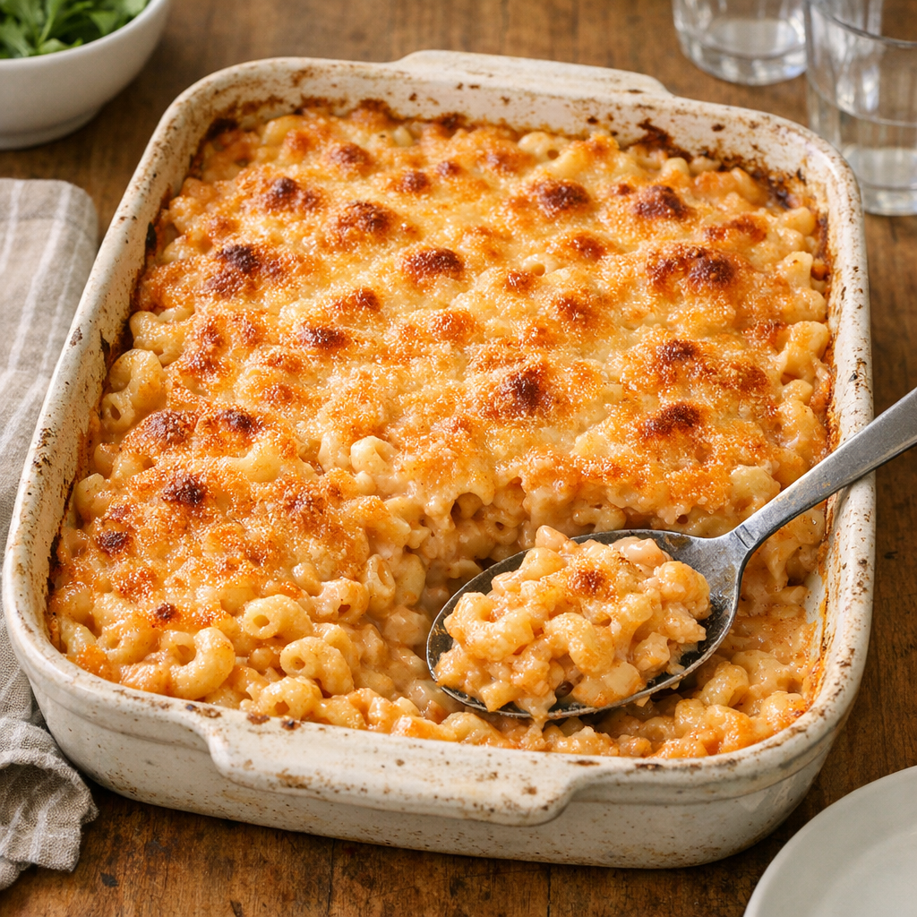 Finished baked thousand island macaroni in a rustic baking dish