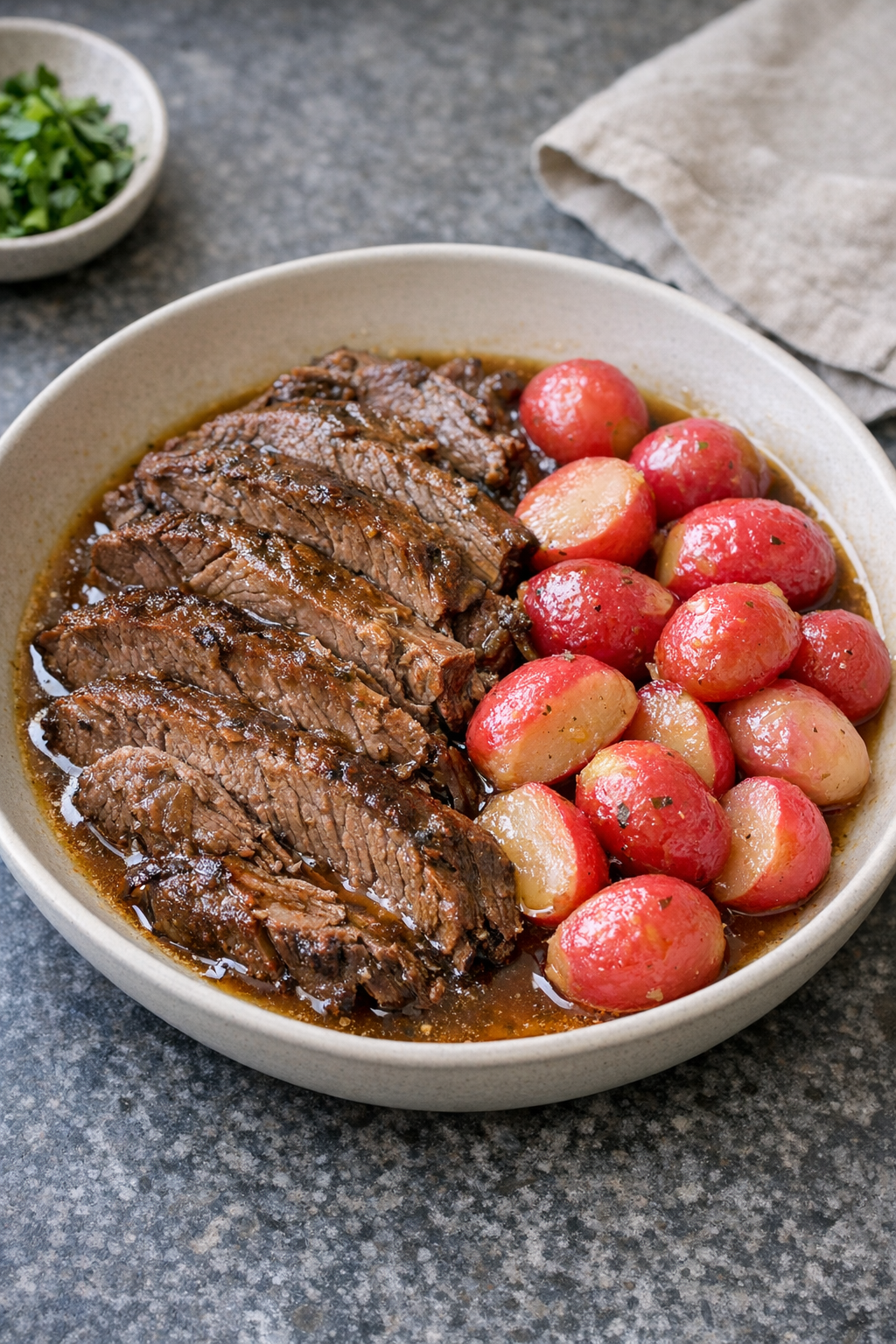 Finished Amish-style beef roast with tender radishes in a slow cooker meal setting