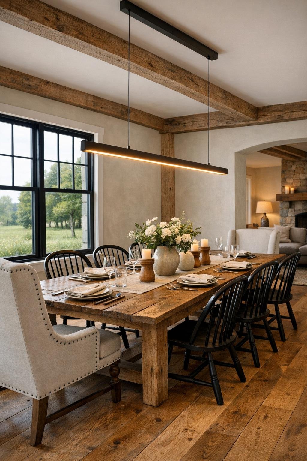 Farmhouse dining room with long wood table and warm pendant lighting