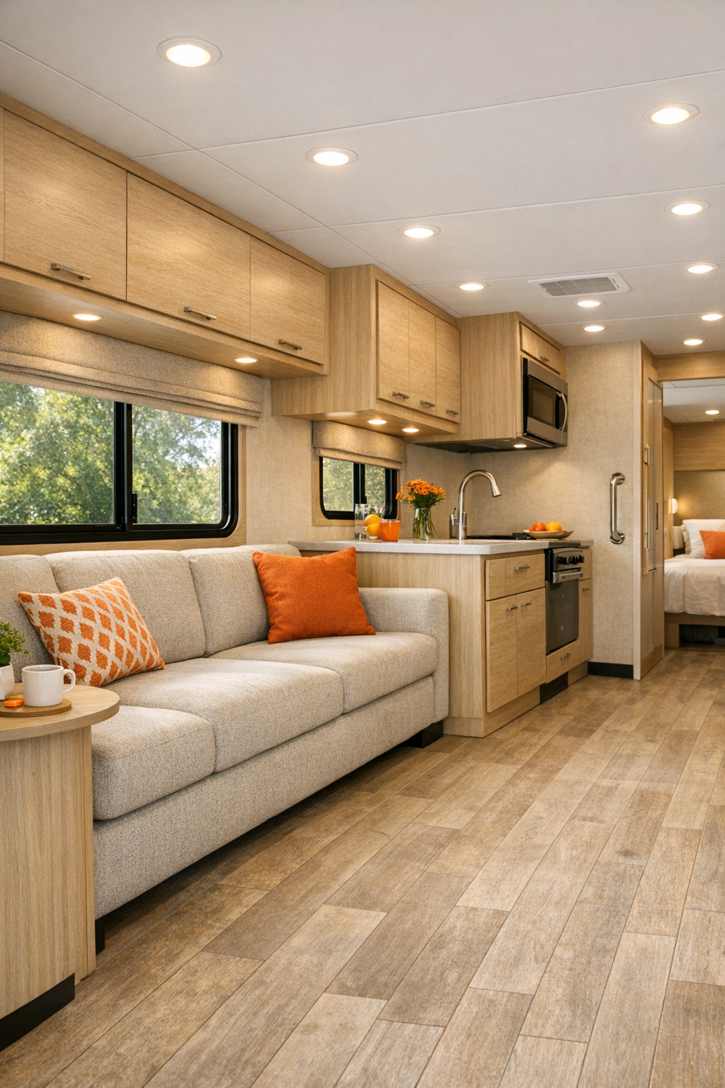 Accessible RV living room with oatmeal sofa, pale oak walls, and tangerine accents