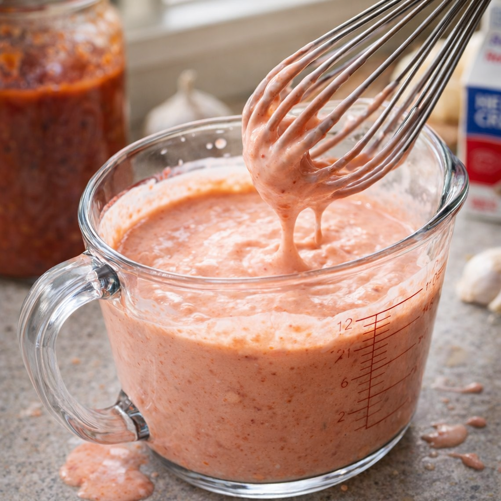 Creamy marinara sauce being whisked in a measuring pitcher