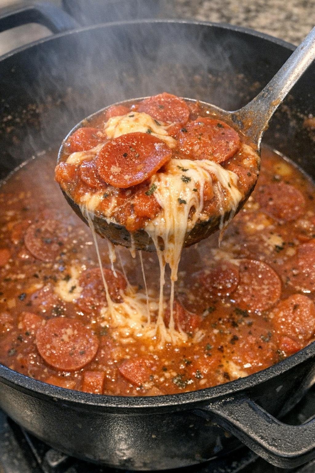 Pepperoni pizza soup in a black pot with a ladle lifting melted mozzarella