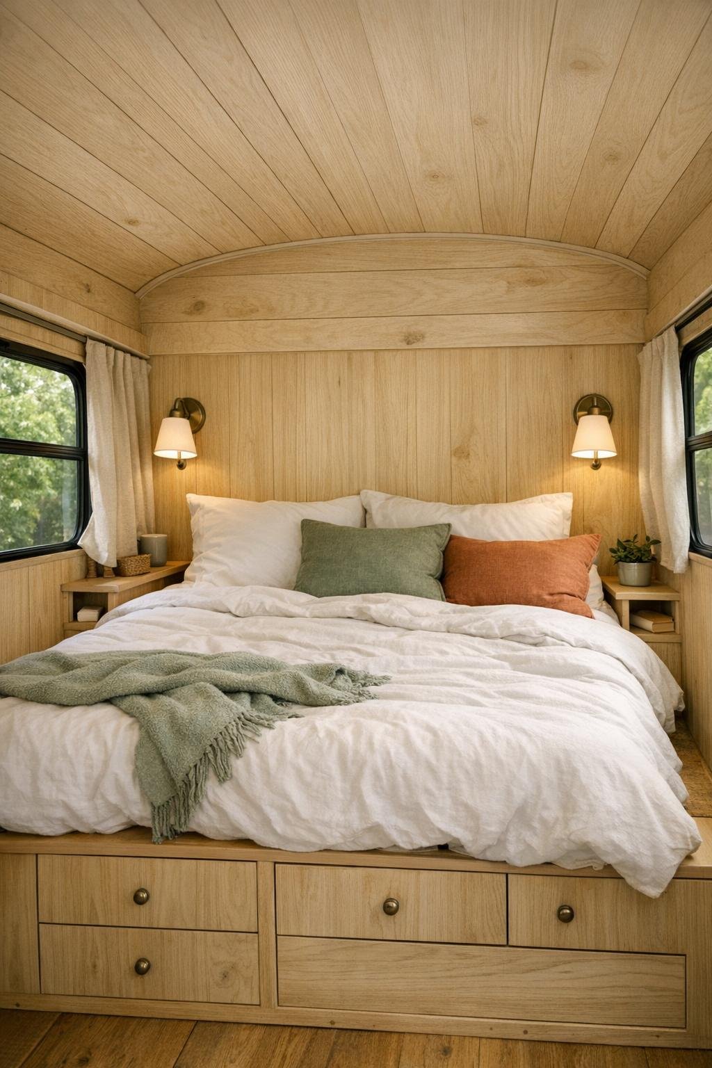 Cozy bus bedroom with built-in bed platform, white bedding, and warm wood paneling