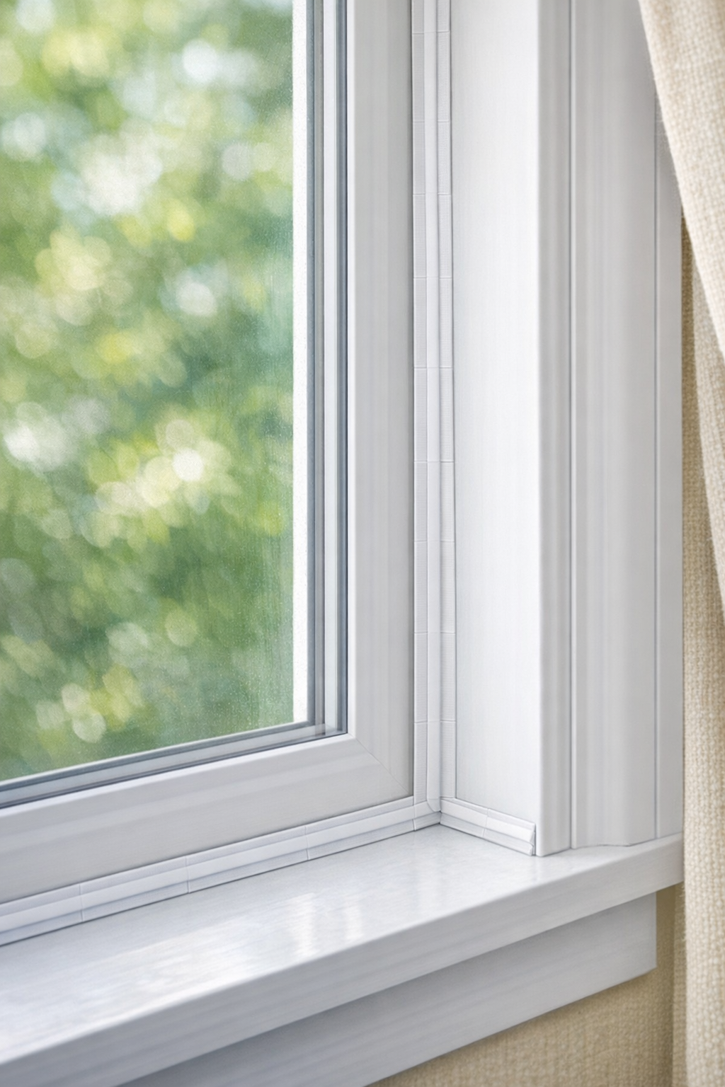Finished DIY weather-proof window seals installed on a window frame