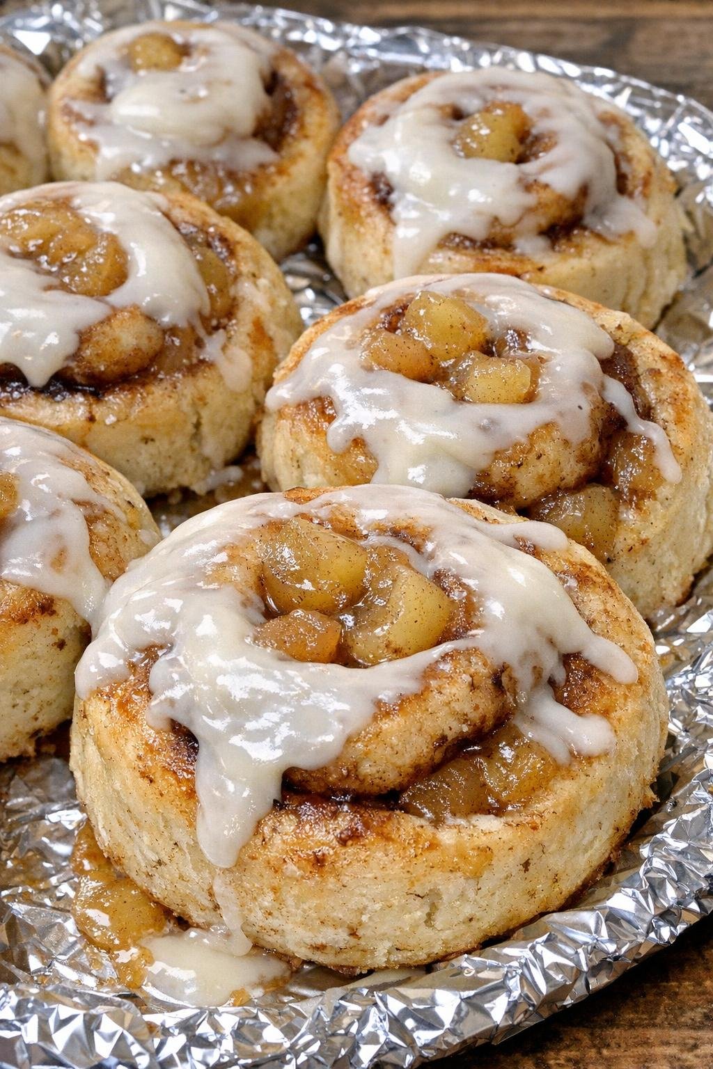 3-ingredient apple pie cinnamon rolls on a foil-lined platter