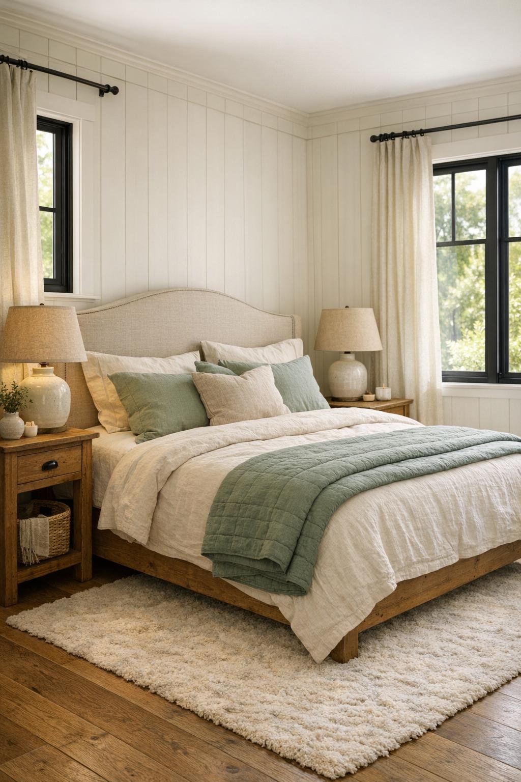 Calm farmhouse bedroom with board-and-batten walls, linen bedding, and muted sage accents