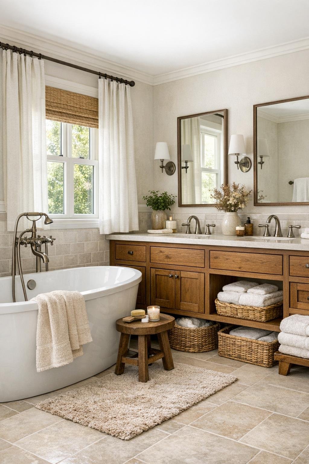 Light-filled farmhouse bathroom with a soaking tub, warm wood vanity, pale stone surfaces, and soft neutral tile