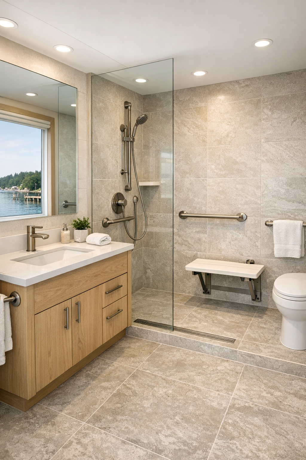 Accessible bathroom with curbless shower, pale oak vanity, and soft stone finishes
