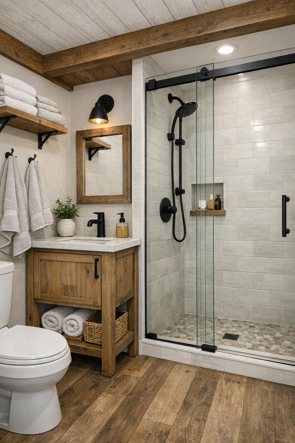 Bright compact bathroom with a tiled shower, wood vanity, and black fixtures
