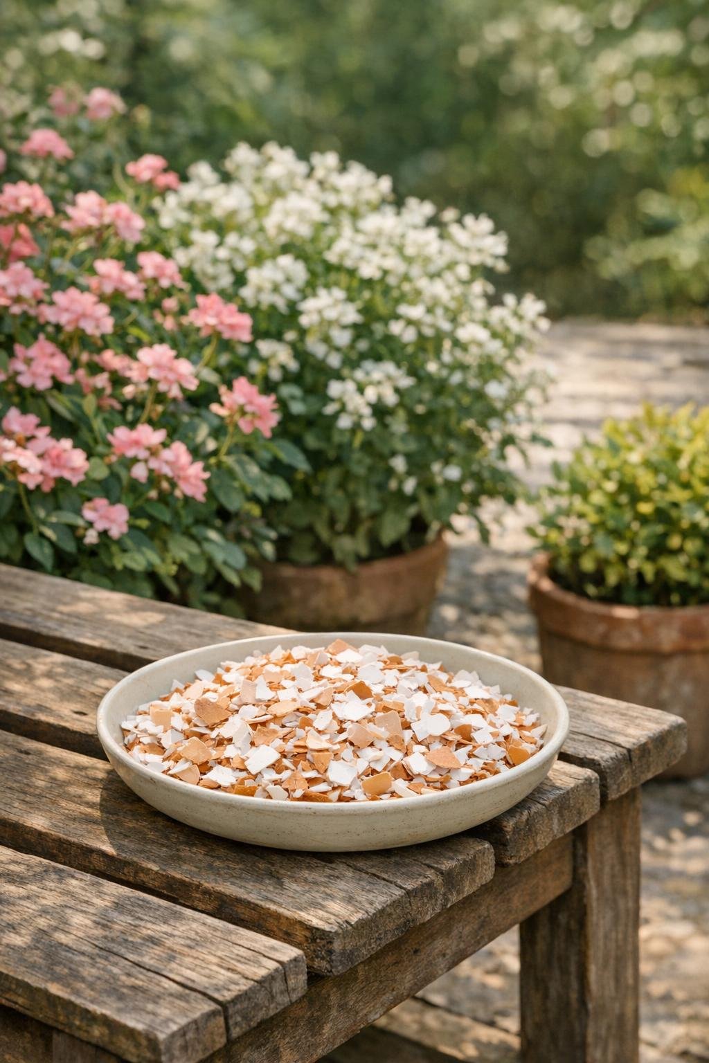 Clean dried eggshells in a garden where birds may notice them