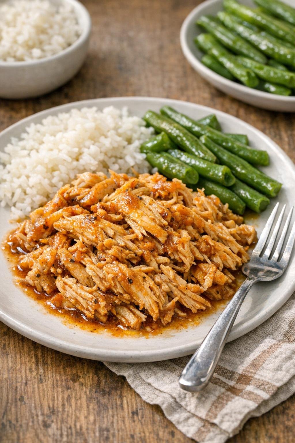 Finished baked shredded chicken on a plate