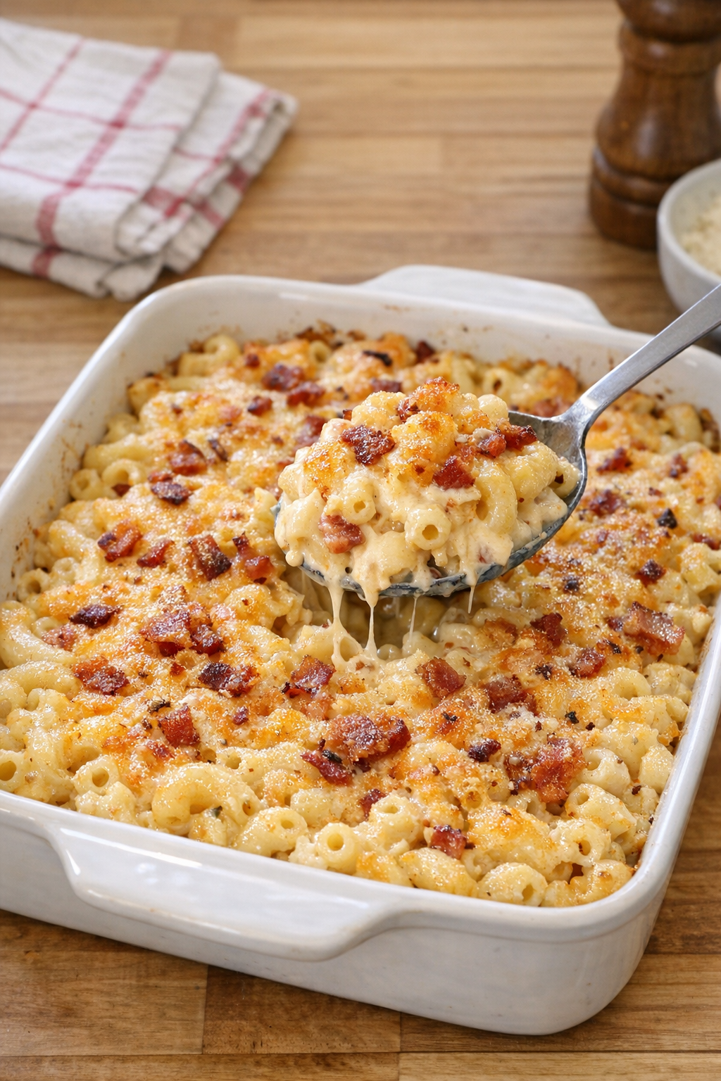Finished baked cheddar bacon macaroni in a casserole dish