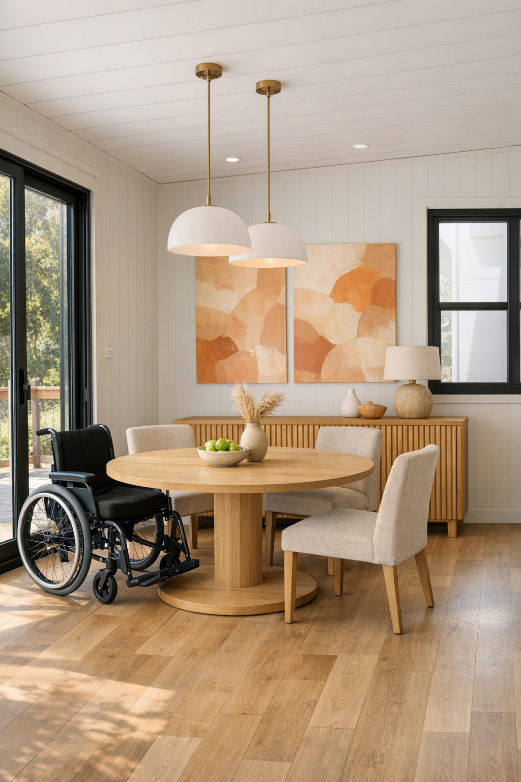 Round dining area with light wood table and oatmeal upholstered chairs