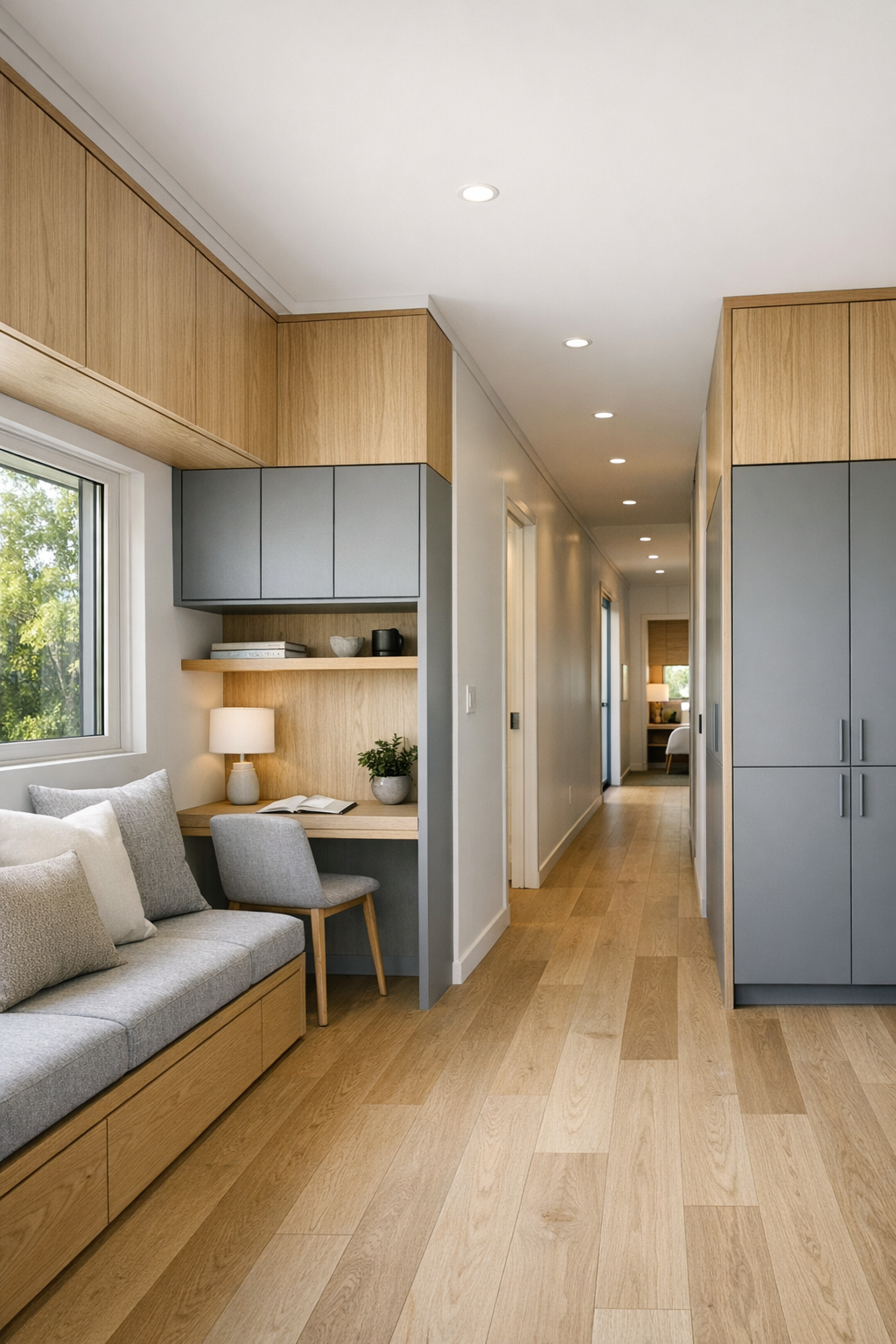 Secondary interior area with built-in bench, desk nook, and cohesive oak-and-gray millwork