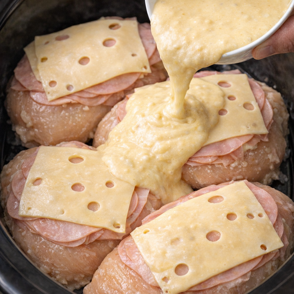 Creamy sauce being poured over layered chicken and cheese