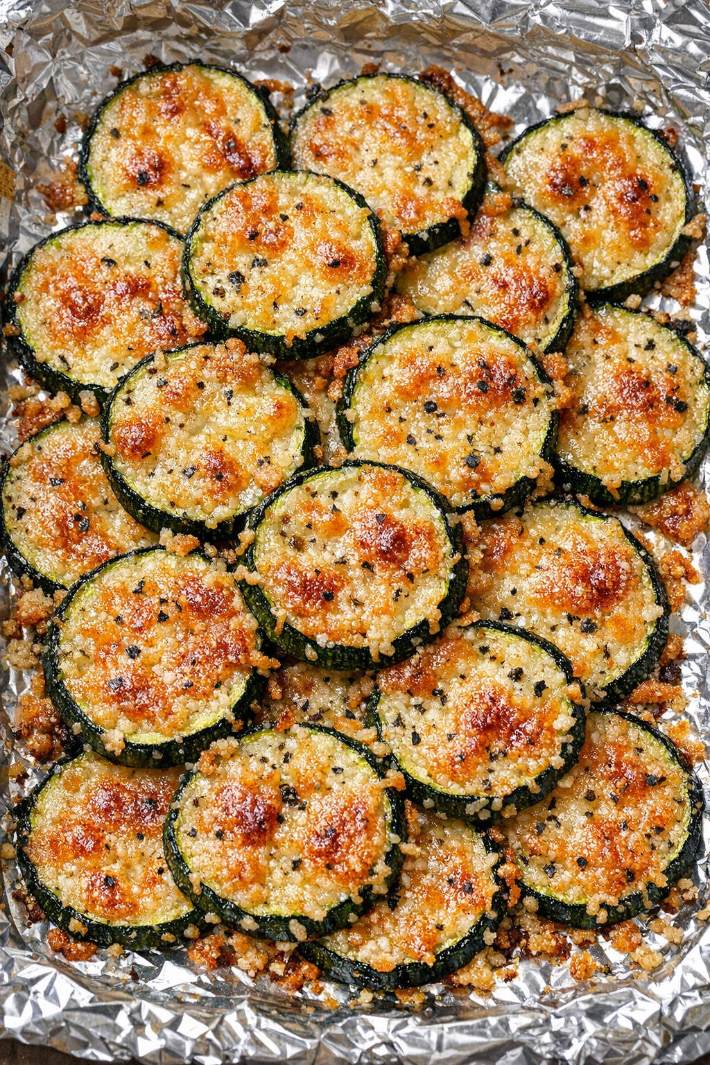 Parmesan zucchini crisps on a foil tray