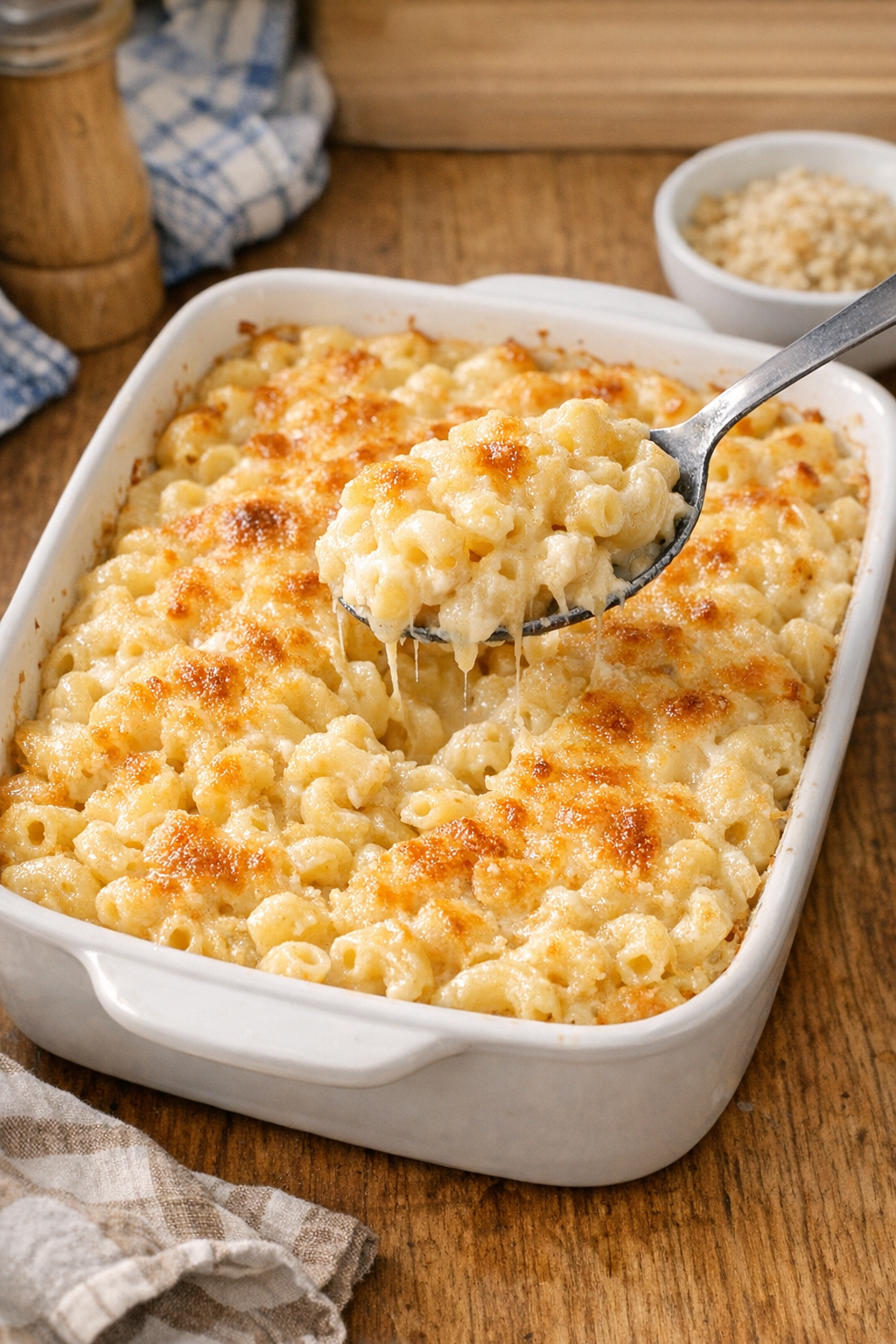 Finished baked white cheddar macaroni in a casserole dish