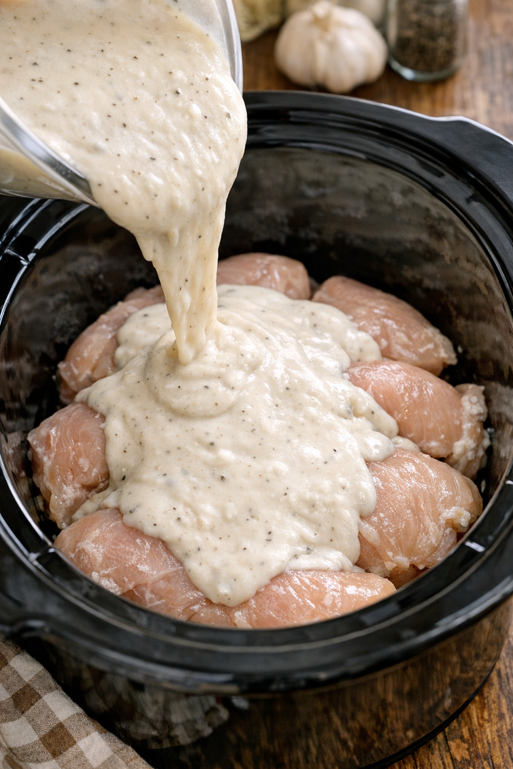 Gravy mixture poured over chicken in the slow cooker