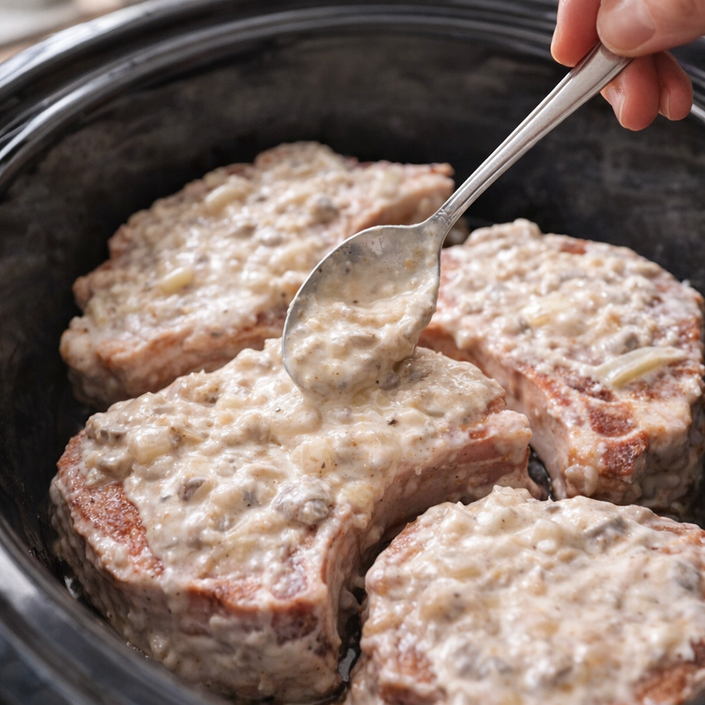 Creamy soup mixture being spread over pork chops