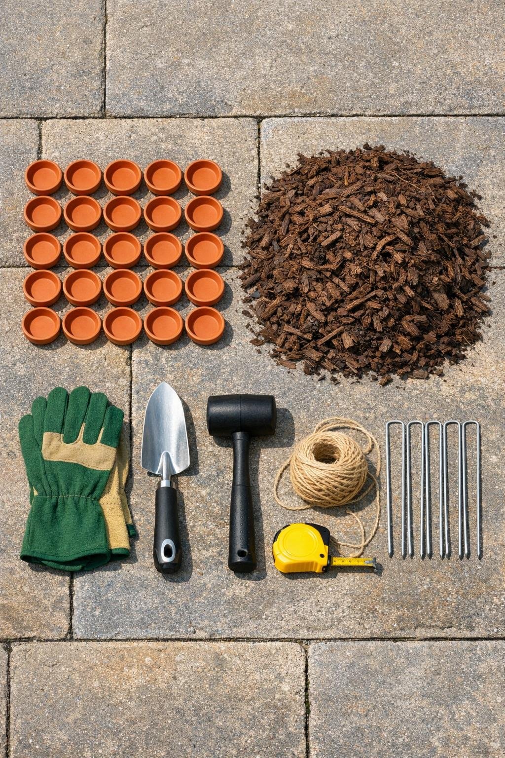 Terracotta saucers, mulch, landscape fabric pins, string, and hand tools laid out for the project