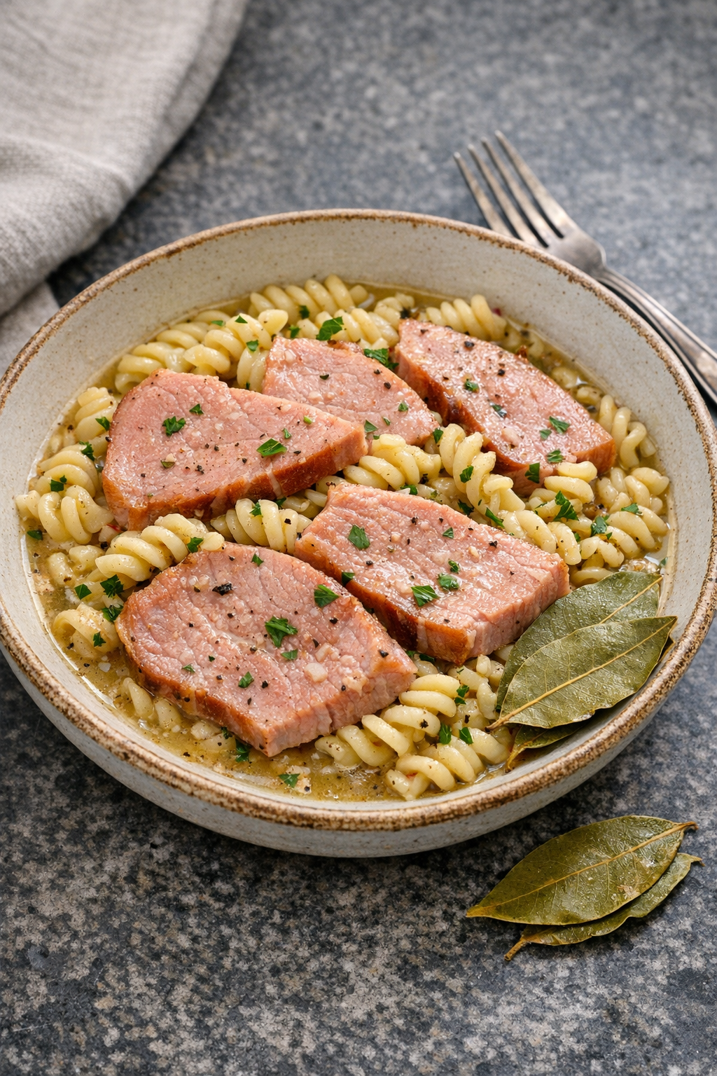 Finished Amish ham pasta plated in a rustic bowl