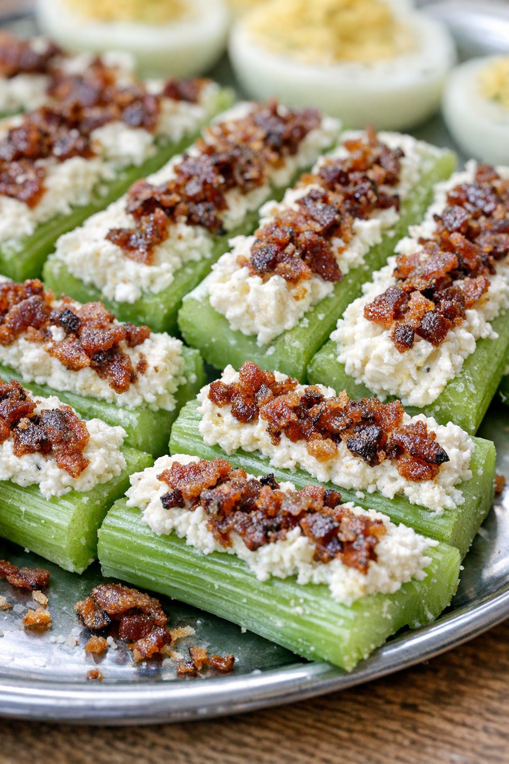 Southern 4-ingredient bacon stuffed celery on a potluck tray