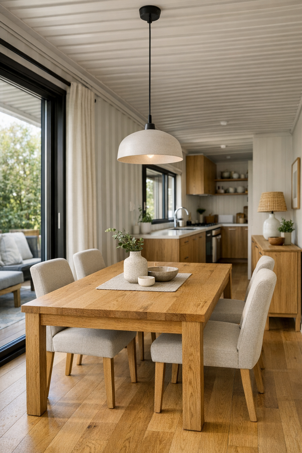 Open dining room with a wood table, upholstered chairs, and soft pendant lighting