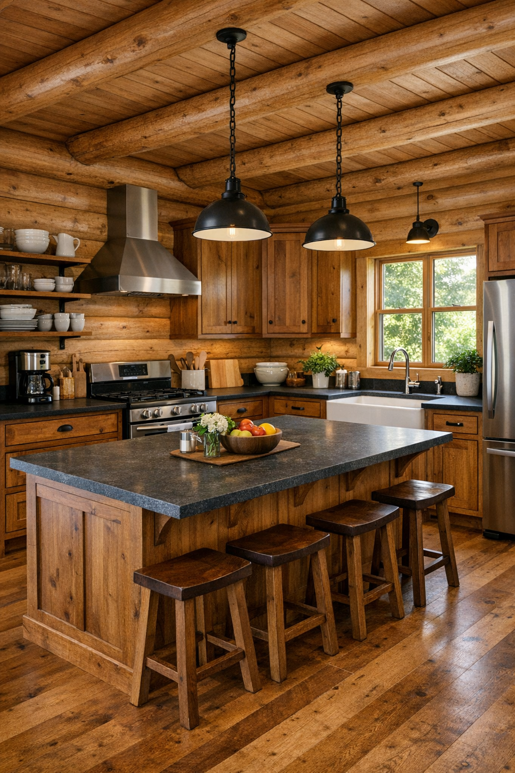 Craftsman log home kitchen with custom wood cabinetry, stone counters, and a farmhouse sink