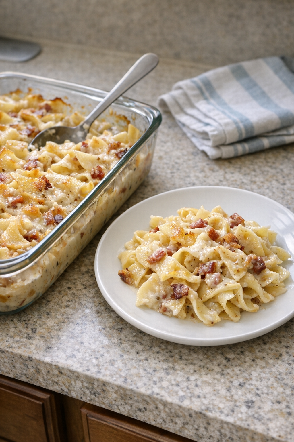 Finished creamy bacon noodles baked until tender and served in a casserole dish