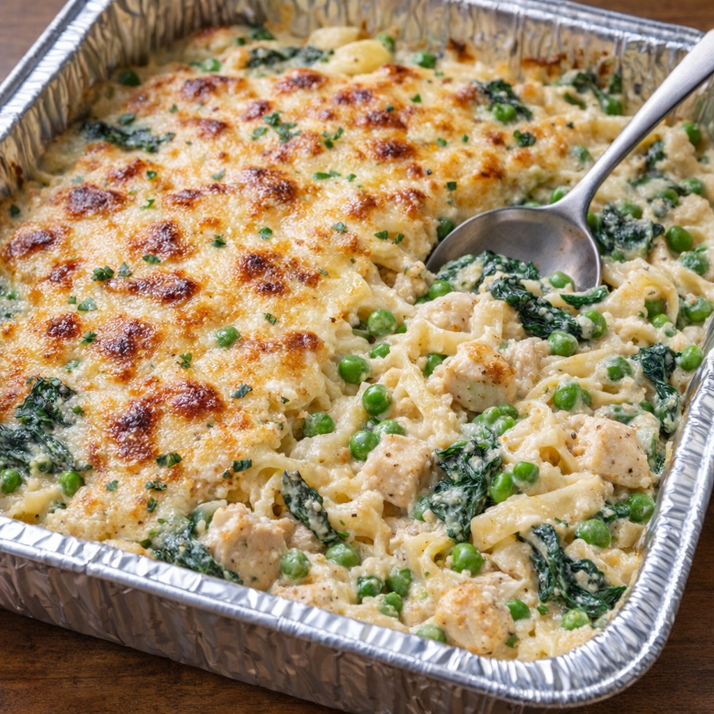 Chicken alfredo bake with peas and spinach variation in a foil pan