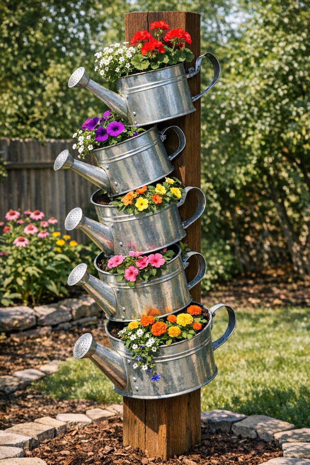 Finished cascading planter made from six silver watering cans on a brown wooden post