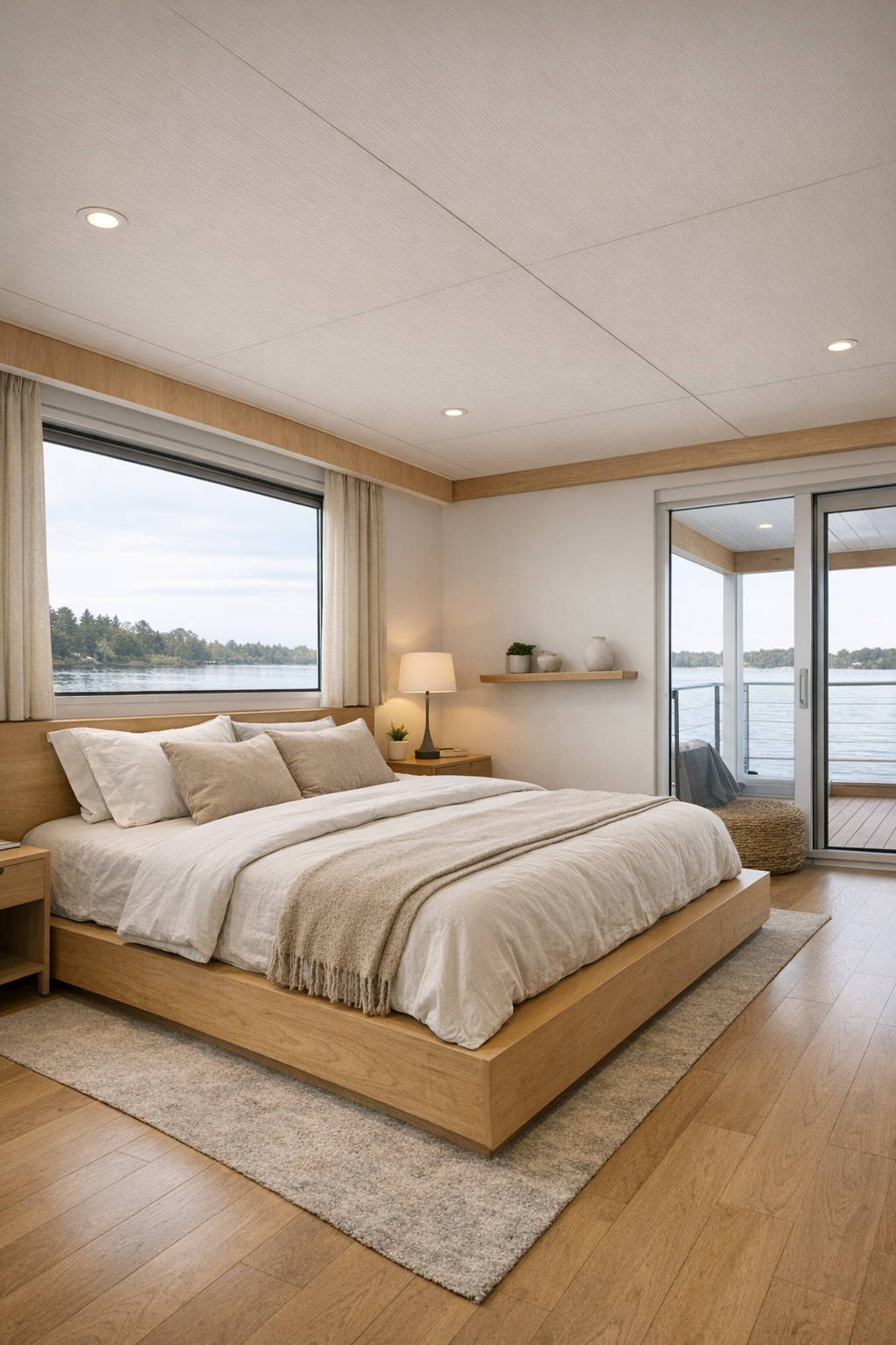 Calm accessible bedroom with soft neutral tones and water views