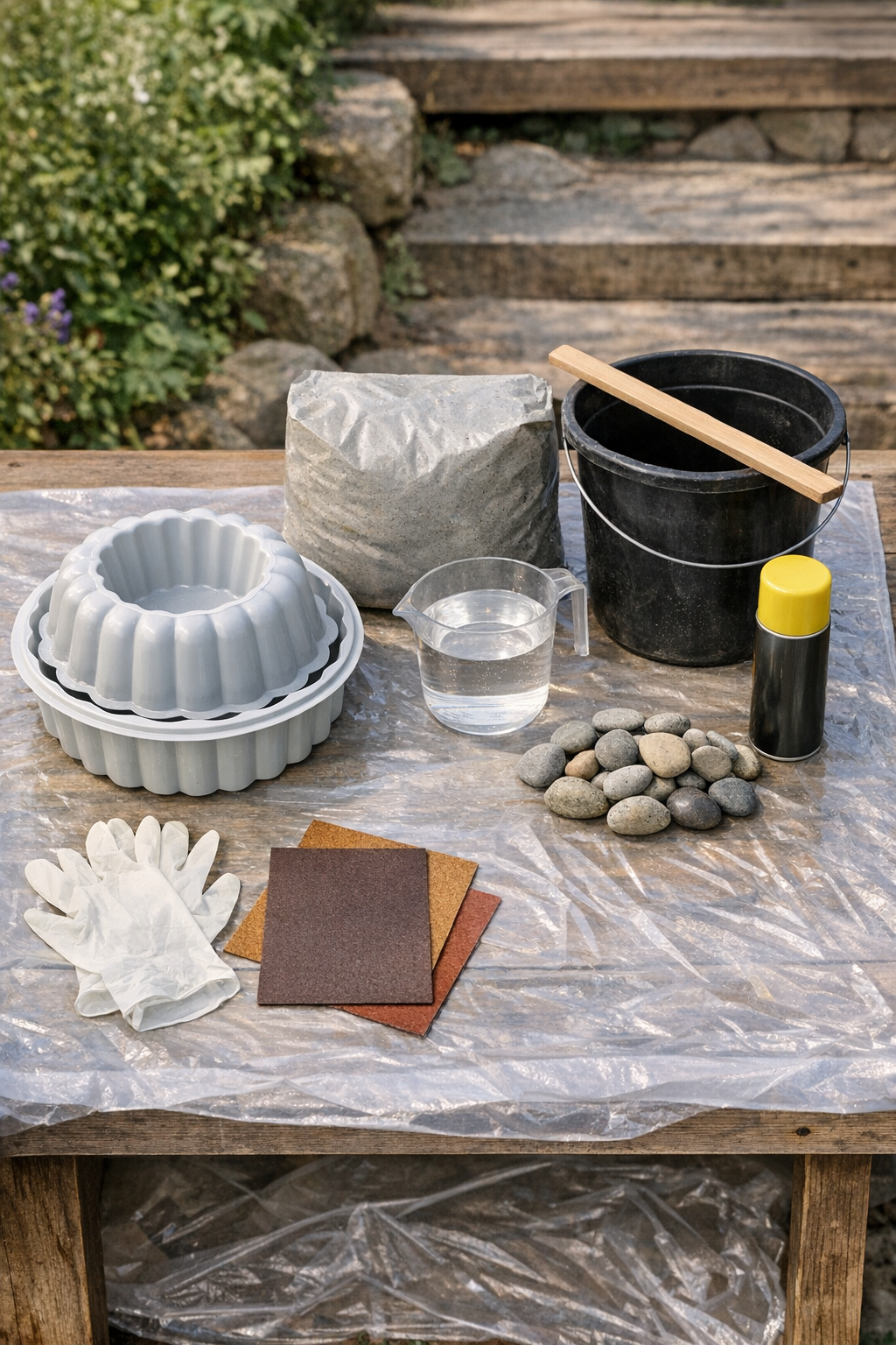 Materials for making fluted cement garden bowls laid out on a work surface